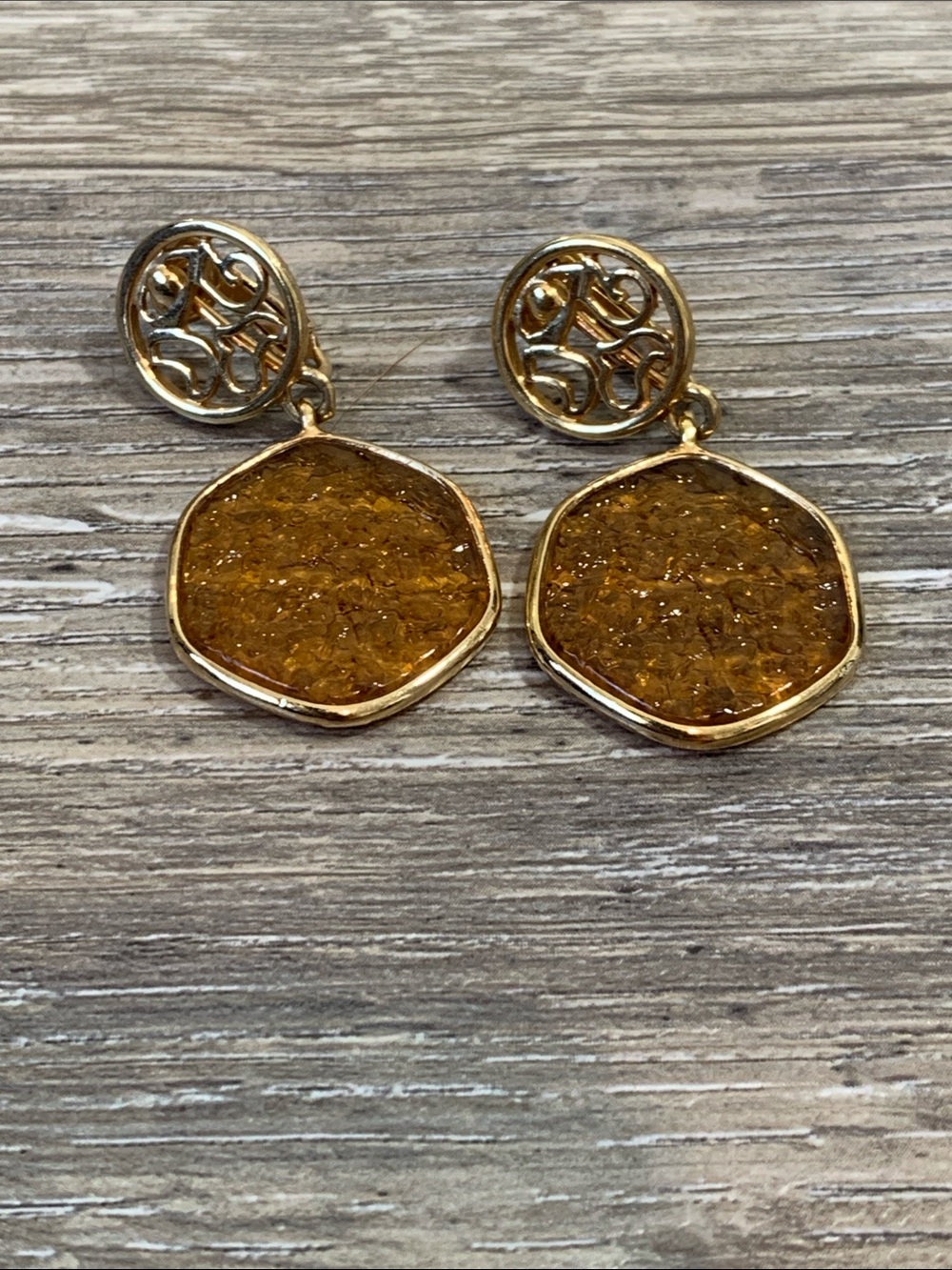 Gold-Tone Amber Drop Earrings with Textured Disks